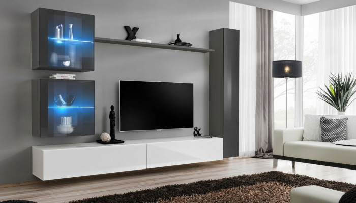 Unité murale design Meuble TV moderne Buffet bas Mobilier de salon Gris Bahut