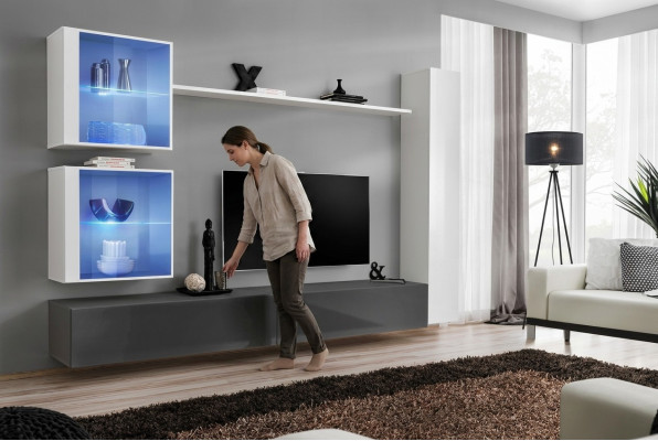 Ensemble de salle de séjour mural blanc, meuble TV bas, mobilier design, armoire murale, buffet.