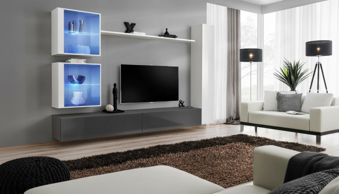 Ensemble de salle de séjour mural blanc, meuble TV bas, mobilier design, armoire murale, buffet.