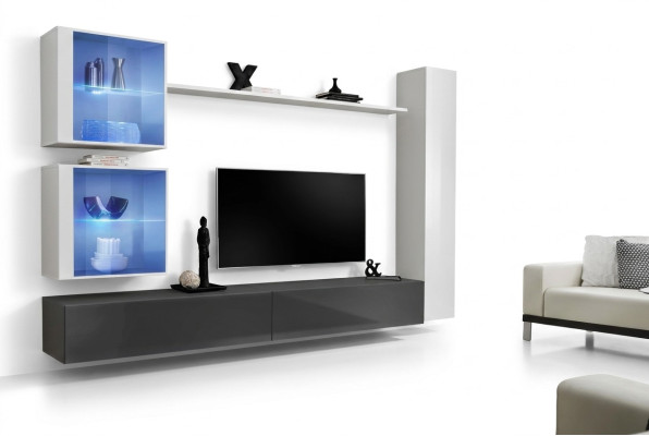 Ensemble de salle de séjour mural blanc, meuble TV bas, mobilier design, armoire murale, buffet.