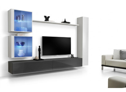Ensemble de salle de séjour mural blanc, meuble TV bas, mobilier design, armoire murale, buffet.