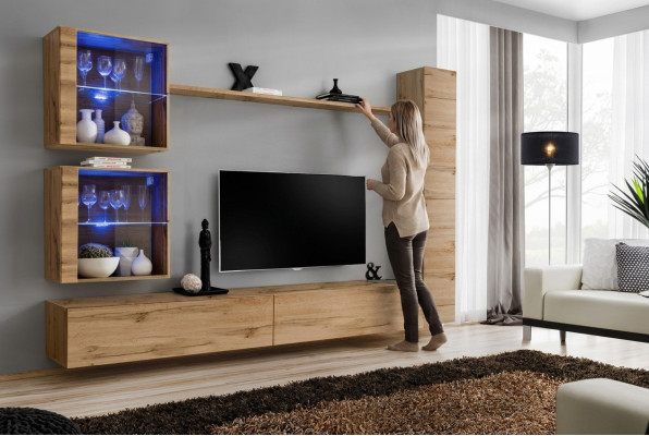 Unité murale marron Armoire suspendue Designer TV Lowboard Étagère Ameublement Moderne