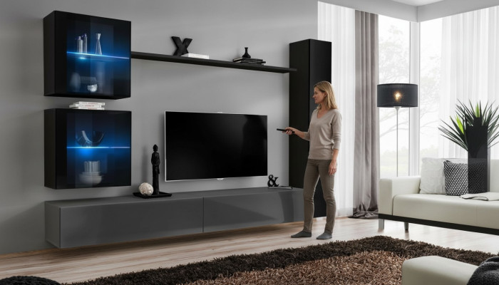 Luxury Set Designer Wall unit Black Furnishings 3x wall cabinet TV lowboard  Ensemble de mur de concepteur de luxe Meubles noirs 3x armoire murale Meuble TV bas