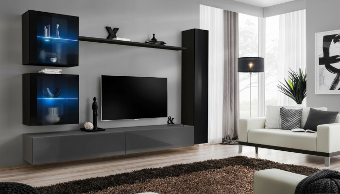 Luxury Set Designer Wall unit Black Furnishings 3x wall cabinet TV lowboard  Ensemble de mur de concepteur de luxe Meubles noirs 3x armoire murale Meuble TV bas