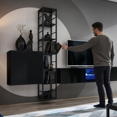 Unité murale noire 270cm Armoire murale de luxe Mobilier de salon Étagères de bois Ameublement