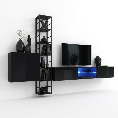Unité murale noire 270cm Armoire murale de luxe Mobilier de salon Étagères de bois Ameublement