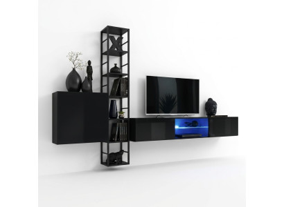 Unité murale noire 270cm Armoire murale de luxe Mobilier de salon Étagères de bois Ameublement