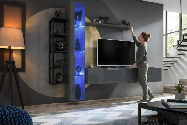 Style de design d'ameublement d'unité murale moderne Salon TV Lowboard Vitrine murale