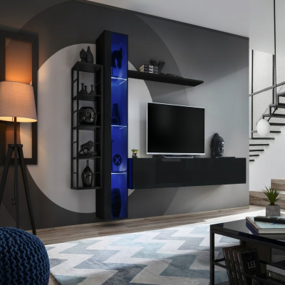 Unité murale Black Designer TV Lowboard Mobilier de salon Mobilier Complet et Buffet