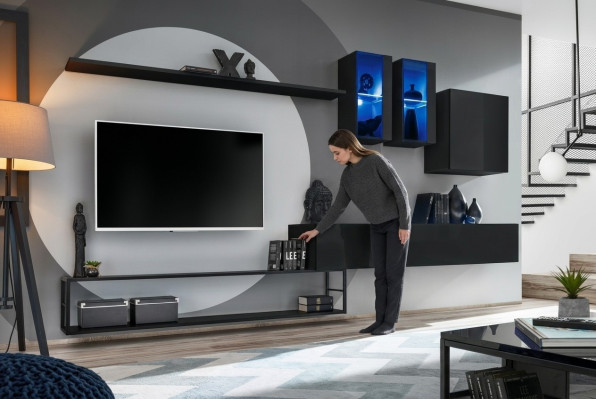 Ensemble mural de designer Noir Moderne Luxueux Support TV en Bois Meubles Ameublement Suite