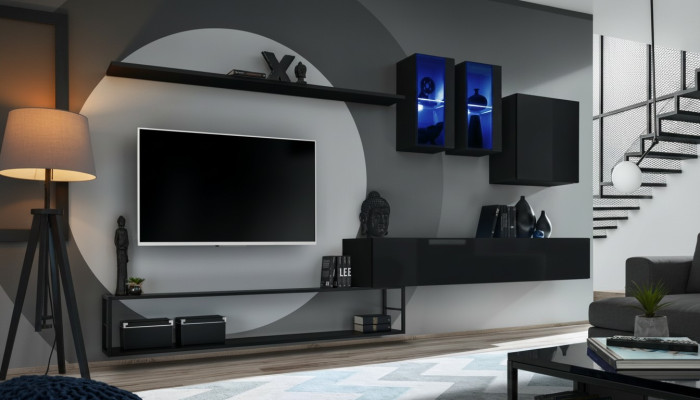 Ensemble mural de designer Noir Moderne Luxueux Support TV en Bois Meubles Ameublement Suite