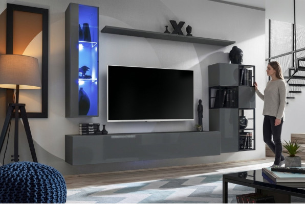 Designer Gray Wall Unit Hanging Display Cabinet TV Stand Complete High Gloss Sideboard Unité murale grise de designer avec meuble suspendu, vitrine, meuble TV complet et buffet laqué brillant