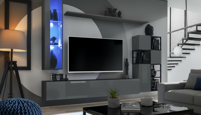 Designer Gray Wall Unit Hanging Display Cabinet TV Stand Complete High Gloss Sideboard Unité murale grise de designer avec meuble suspendu, vitrine, meuble TV complet et buffet laqué brillant