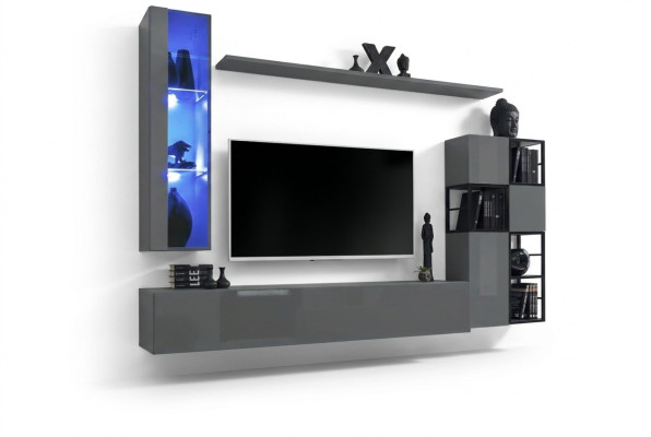 Designer Gray Wall Unit Hanging Display Cabinet TV Stand Complete High Gloss Sideboard Unité murale grise de designer avec meuble suspendu, vitrine, meuble TV complet et buffet laqué brillant