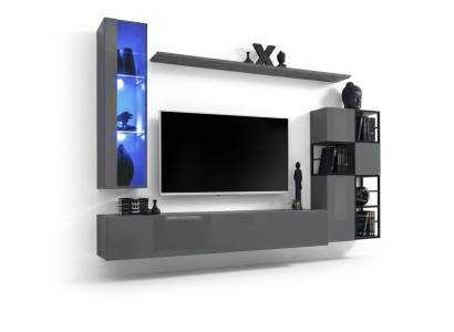 Designer Gray Wall Unit Hanging Display Cabinet TV Stand Complete High Gloss Sideboard Unité murale grise de designer avec meuble suspendu, vitrine, meuble TV complet et buffet laqué brillant