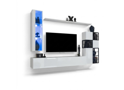 Vitrine murale suspendue Blanche Meuble TV design complet 9 pièces étagères en bois