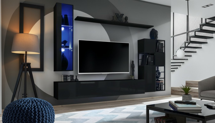 Suite Salon Unité murale 250 cm Noir Mobilier Mobilier en bois Armoire murale