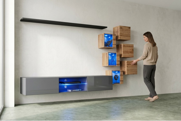 Ensemble de 8 pièces, unité murale de designer en gris, mobilier en bois, nouvelle armoire murale.
