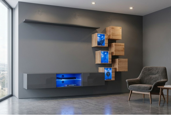 Ensemble de 8 pièces, unité murale de designer en gris, mobilier en bois, nouvelle armoire murale.