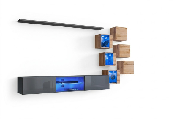 Ensemble de 8 pièces, unité murale de designer en gris, mobilier en bois, nouvelle armoire murale.