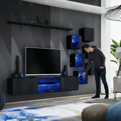 Ensemble murale complet en noir de luxe avec meubles en bois design - Armoire murale moderne