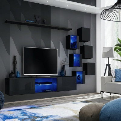 Ensemble murale complet en noir de luxe avec meubles en bois design - Armoire murale moderne