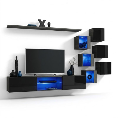 Ensemble murale complet en noir de luxe avec meubles en bois design - Armoire murale moderne