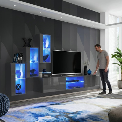 Suite Ensemble de 4 pièces, unité murale, buffet de luxe design, banc de télévision, meuble bas en bois