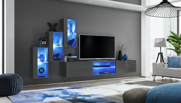 Suite Ensemble de 4 pièces, unité murale, buffet de luxe design, banc de télévision, meuble bas en bois