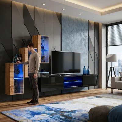 Salon de meubles nouvelle unité murale 210 cm 3x armoire murale Aménagement de luxe des étagères murales