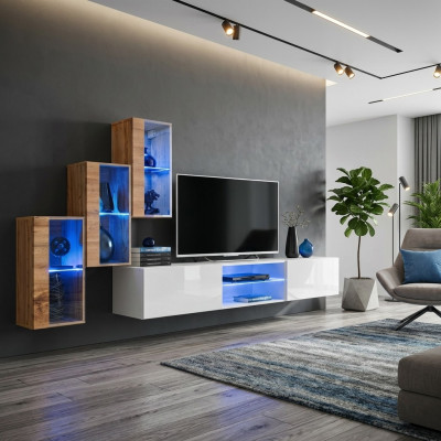 3x armoire murale Mobilier de salon Unité murale 210 cm Mobilier de luxe Meuble TV bas