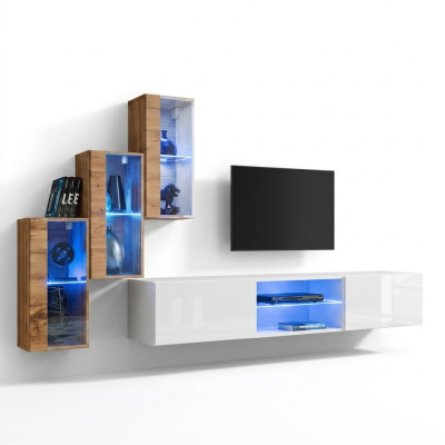 3x armoire murale Mobilier de salon Unité murale 210 cm Mobilier de luxe Meuble TV bas