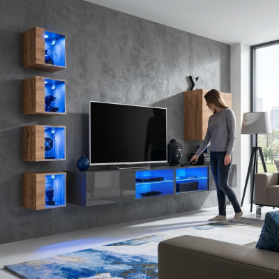 Salle de séjour Unité murale Gris Mobilier moderne Meuble TV Buffet bas mural Étagères