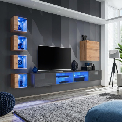 Salle de séjour Unité murale Gris Mobilier moderne Meuble TV Buffet bas mural Étagères