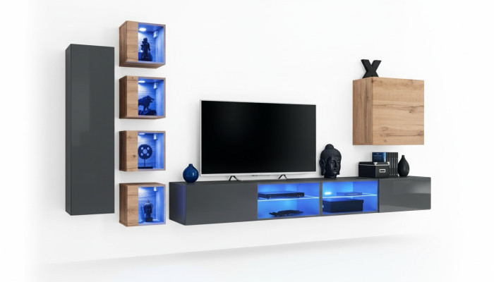 Salle de séjour Unité murale Gris Mobilier moderne Meuble TV Buffet bas mural Étagères