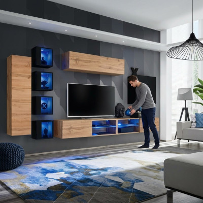 Ensemble mural moderne complet de designer avec étagères murales, meuble TV, bahut bas en bois et armoire murale.