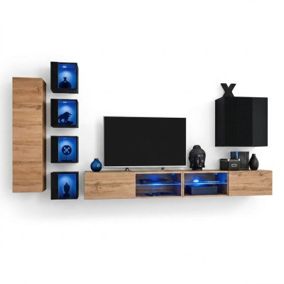 Ensemble mural moderne complet de designer avec étagères murales, meuble TV, bahut bas en bois et armoire murale.