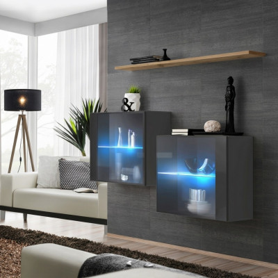 Set de salon Designer Unité murale Grise 130 cm Étagère murale de luxe