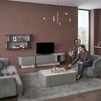 Ensemble de meubles mural en bois de luxe pour le salon avec meuble TV, design et étagère murale.