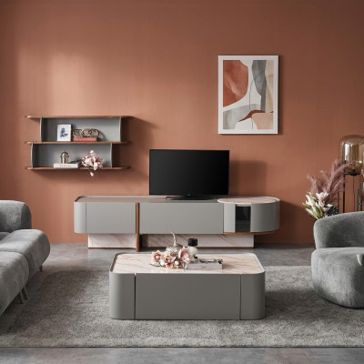 Ensemble de meubles mural en bois de luxe pour le salon avec meuble TV, design et étagère murale.