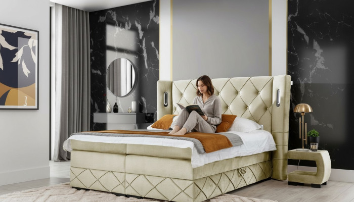 Lit rembourré Chesterfield beige Chambres Tables de chevet Mobilier de luxe