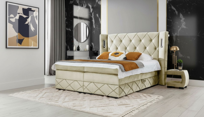 Lit rembourré Chesterfield beige Chambres Tables de chevet Mobilier de luxe