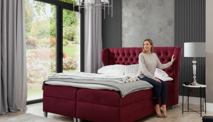 Lit double de luxe à ressorts tapissé en bois, design moderne