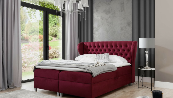 Lit double de luxe à ressorts tapissé en bois, design moderne