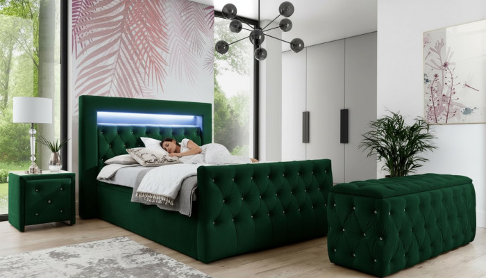 Ensemble de chambre verte complet: lit double, tabouret, consoles