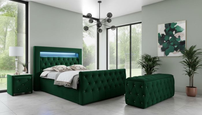 Ensemble de chambre verte complet: lit double, tabouret, consoles