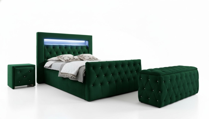 Ensemble de chambre verte complet: lit double, tabouret, consoles