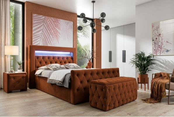 Chesterfield Ensemble de chambre à coucher Lit en tissu 2x Tables de chevet en bois Tabouret