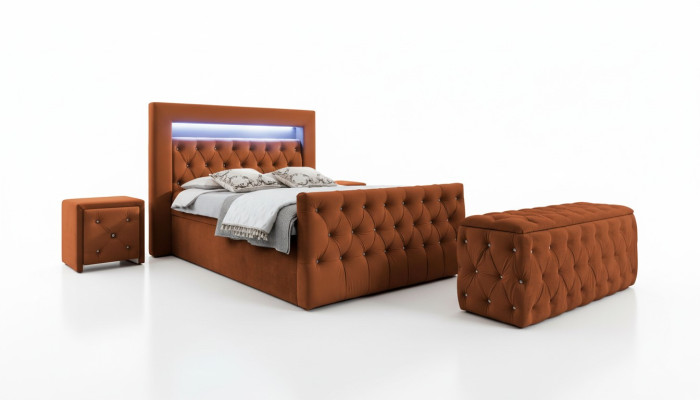 Chesterfield Ensemble de chambre à coucher Lit en tissu 2x Tables de chevet en bois Tabouret