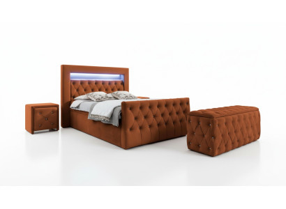 Chesterfield Ensemble de chambre à coucher Lit en tissu 2x Tables de chevet en bois Tabouret